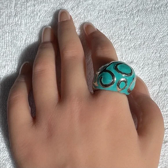 Bold Silver Tone & Enamel Teal Statement Ring, Size 8 - Picture 5 of 10